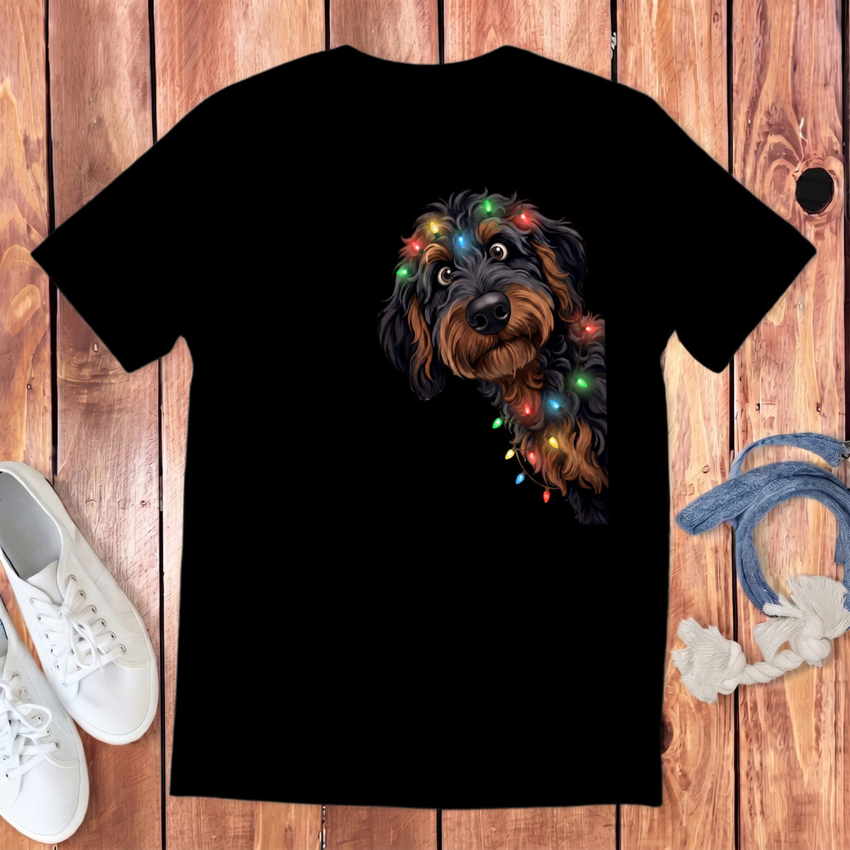 Black t-shirt with a playful dog peeking from the side, adorned with colorful string lights.