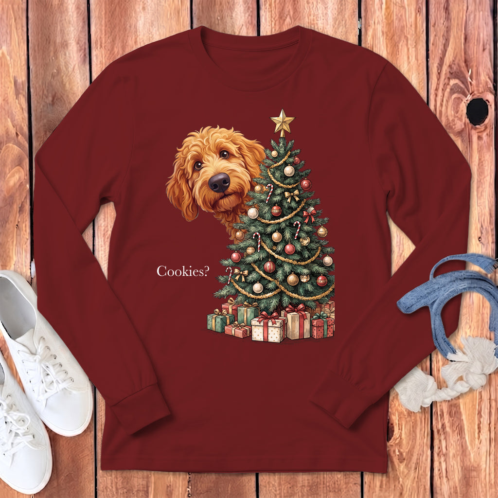Golden doodle peeks around Christmas tree with presents. Text says "Cookies?".