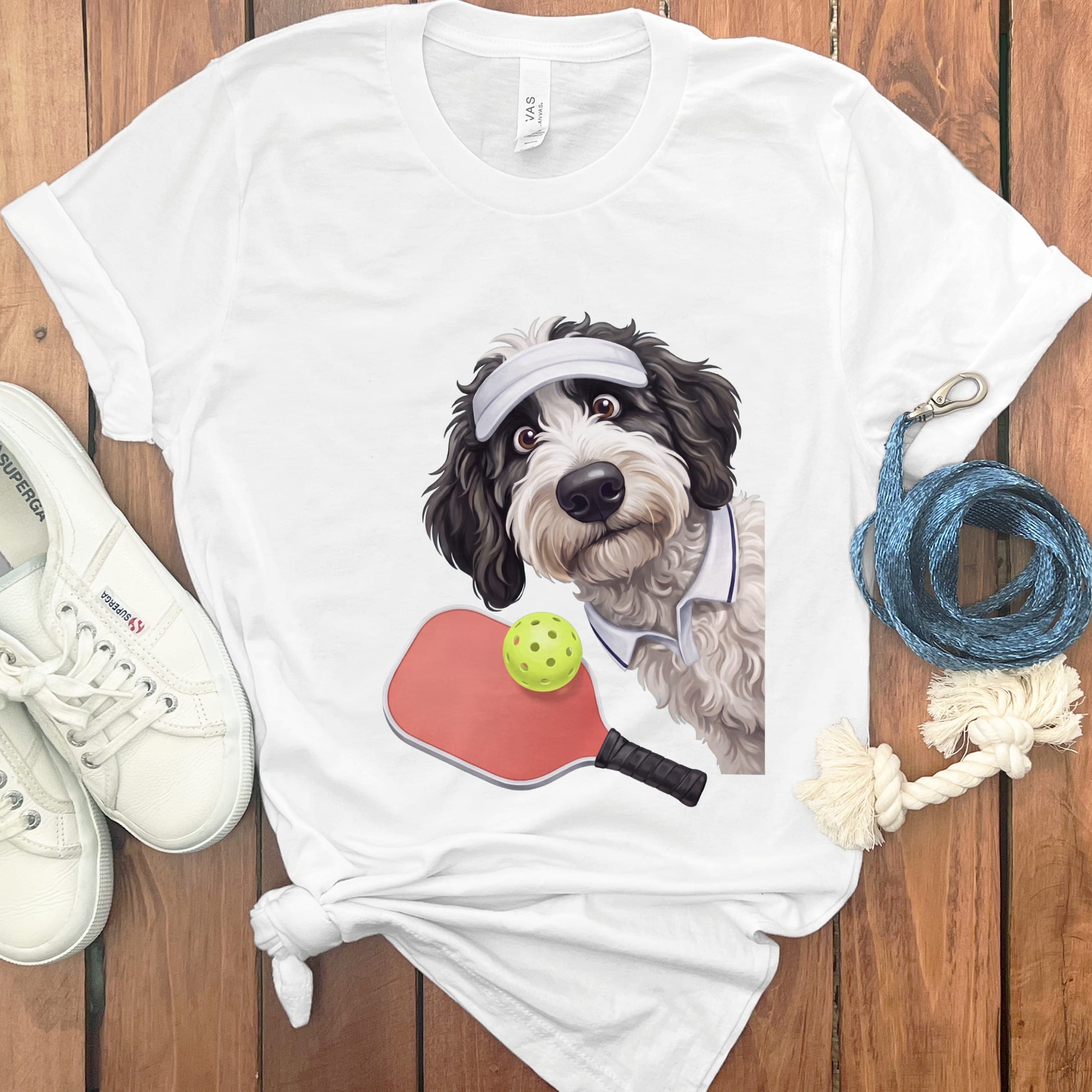 Sheepadoodle Pickleball Player T-Shirt in White / S by Puppy Jo