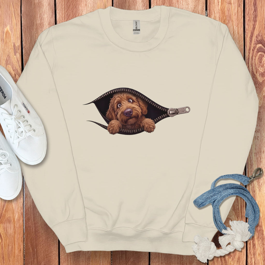 Chocolate Goldendoodle Peeking Zipper Sweatshirt in Sand / S by Puppy Jo