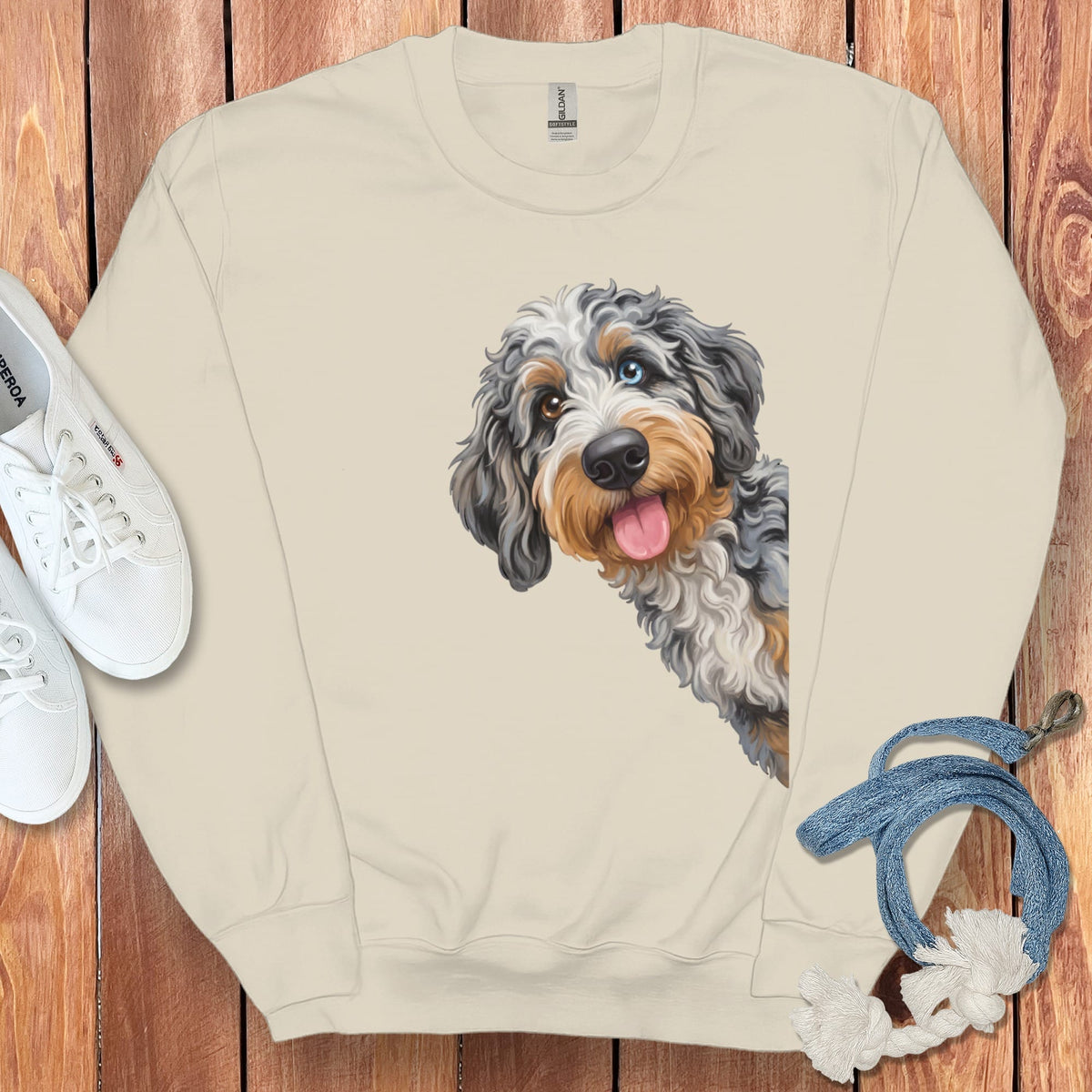 Tongue Out Aussiedoodle Sweatshirt in Sand / S by Puppy Jo