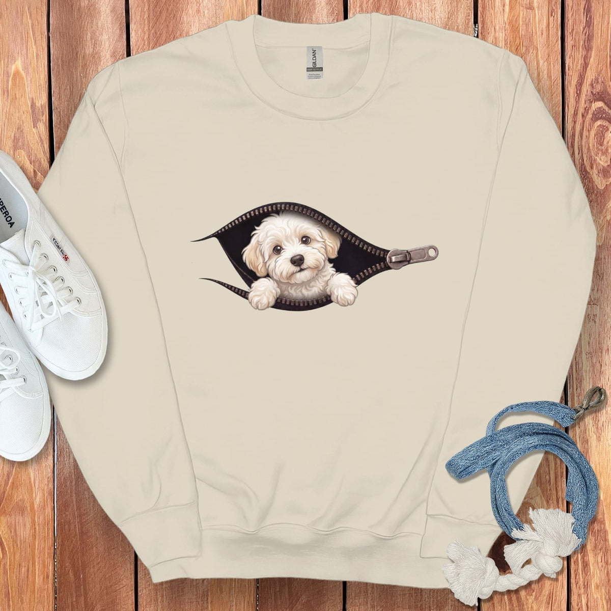 Maltipoo Peeking Zipper Sweatshirt in Sand / S by Puppy Jo