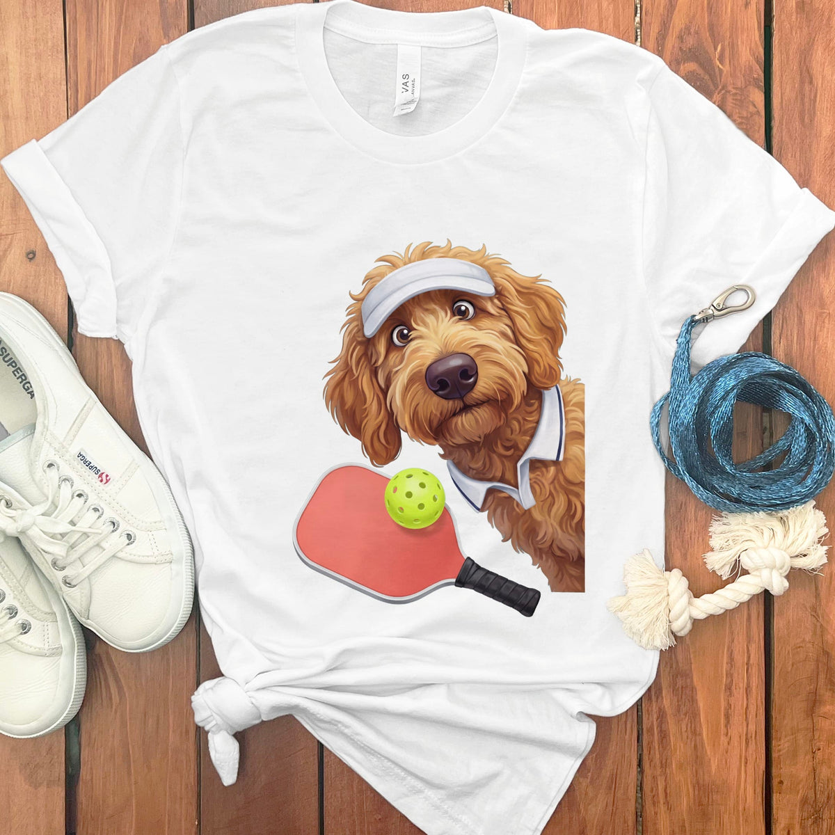 Apricot Goldendoodle Pickleball Player T-Shirt in White / S by Puppy Jo