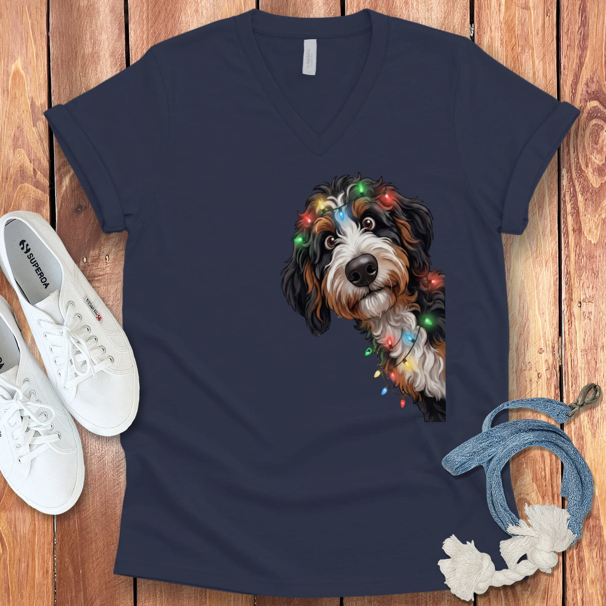 Peeking Bernedoodle Holiday V-Neck T-Shirt in Navy / S by Puppy Jo