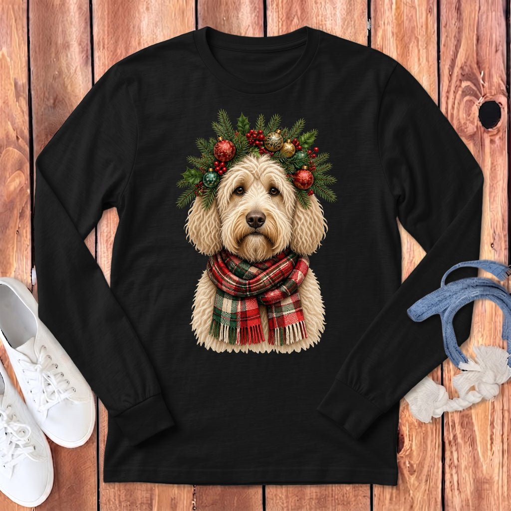 Cream Goldendoodle Holiday Crown Long Sleeve T-Shirt in Dark Grey Heather / S by MyDesigns