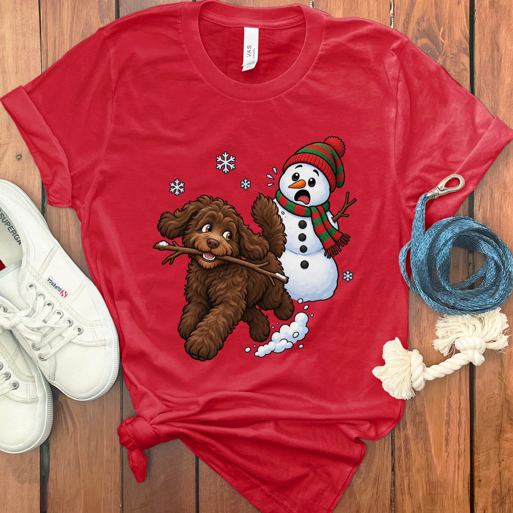 Chocolate Goldendoodle Snowman T-Shirt in Red / S by Puppy Jo