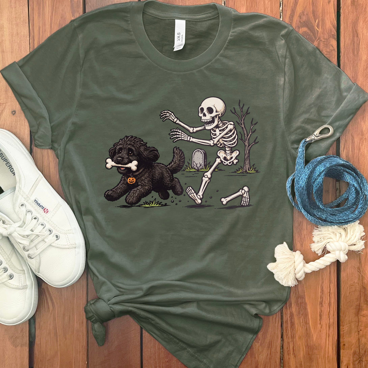 Black Goldendoodle Bone Thief T-Shirt in Military Green / S by Puppy Jo