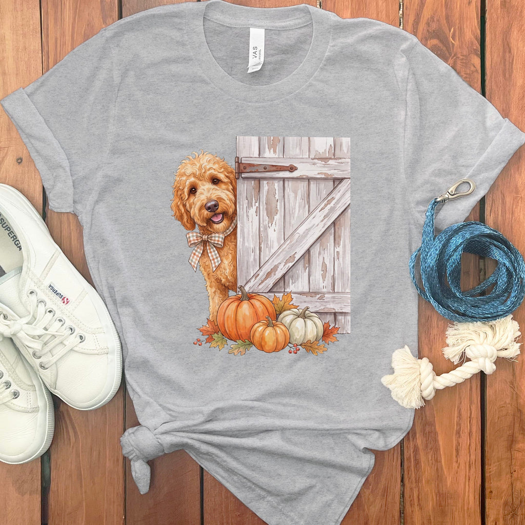 Golden Goldendoodle Barn Peeking T-Shirt in Athletic Heather / S by Puppy Jo