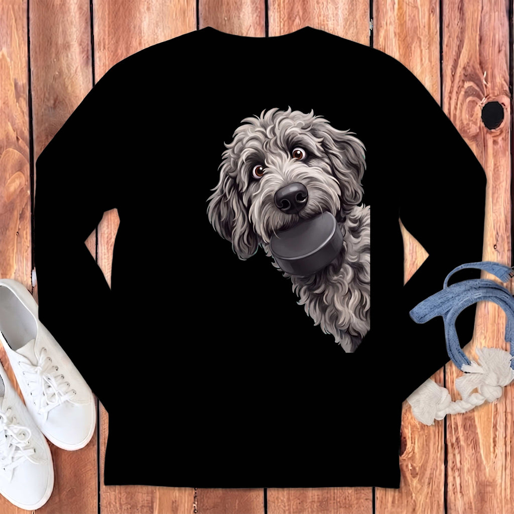 Merle Goldendoodle Hockey Puck Long Sleeve T-Shirt in Black / S by Puppy Jo