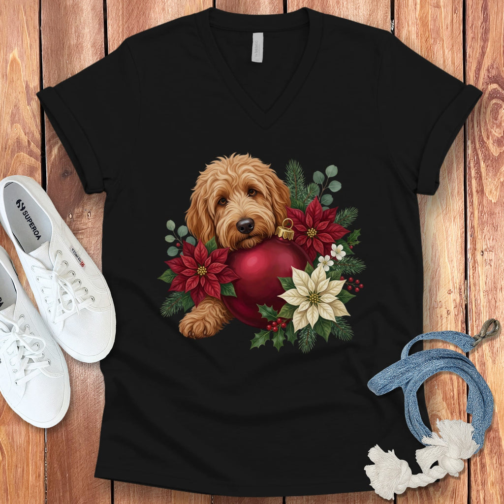 Apricot Goldendoodle Holiday Cheer V-Neck T-Shirt in Black / S by Puppy Jo