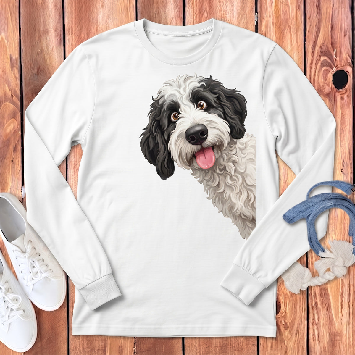 White long-sleeve t-shirt featuring a black and white poodle dog graphic.