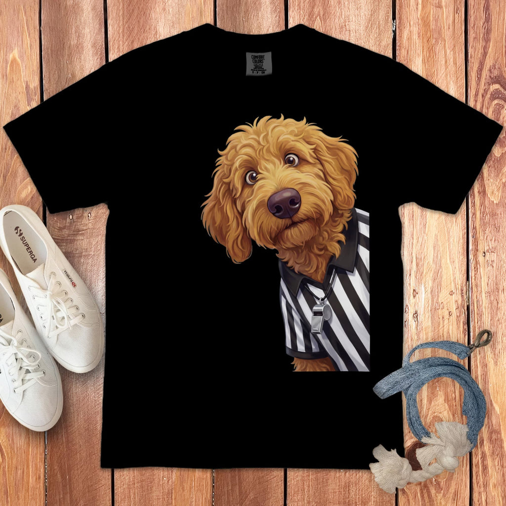 Apricot Goldendoodle Football Referee Signature T-Shirt in Black / S by Puppy Jo