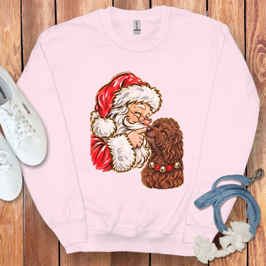 Chocolate Goldendoodle Santa Kiss Sweatshirt in Light Pink / S by Puppy Jo
