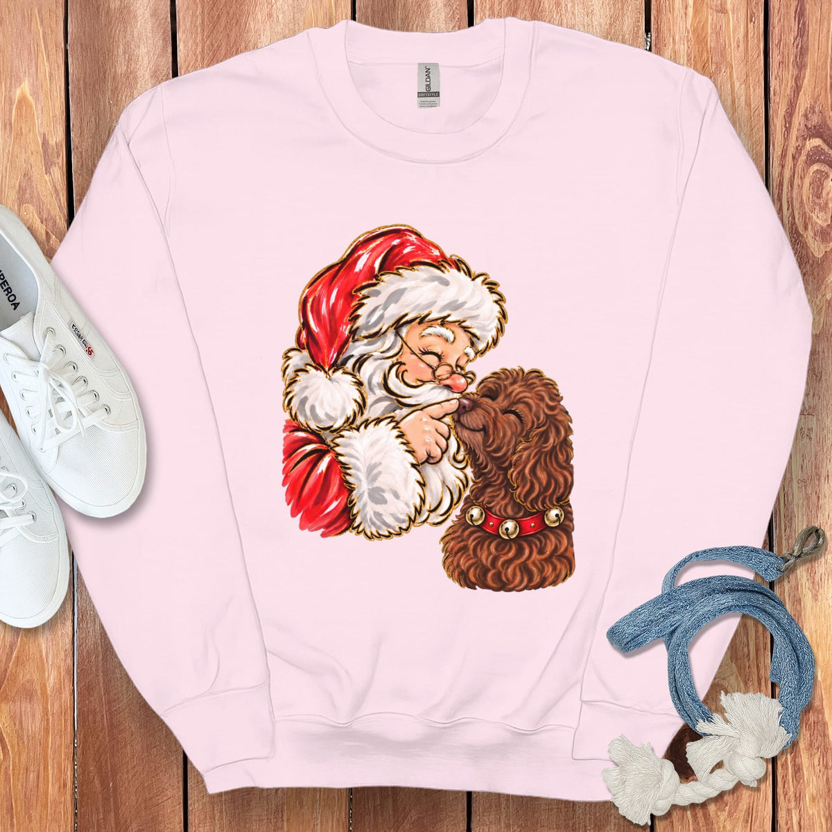 Chocolate Goldendoodle Santa Kiss Sweatshirt in Light Pink / S by Puppy Jo
