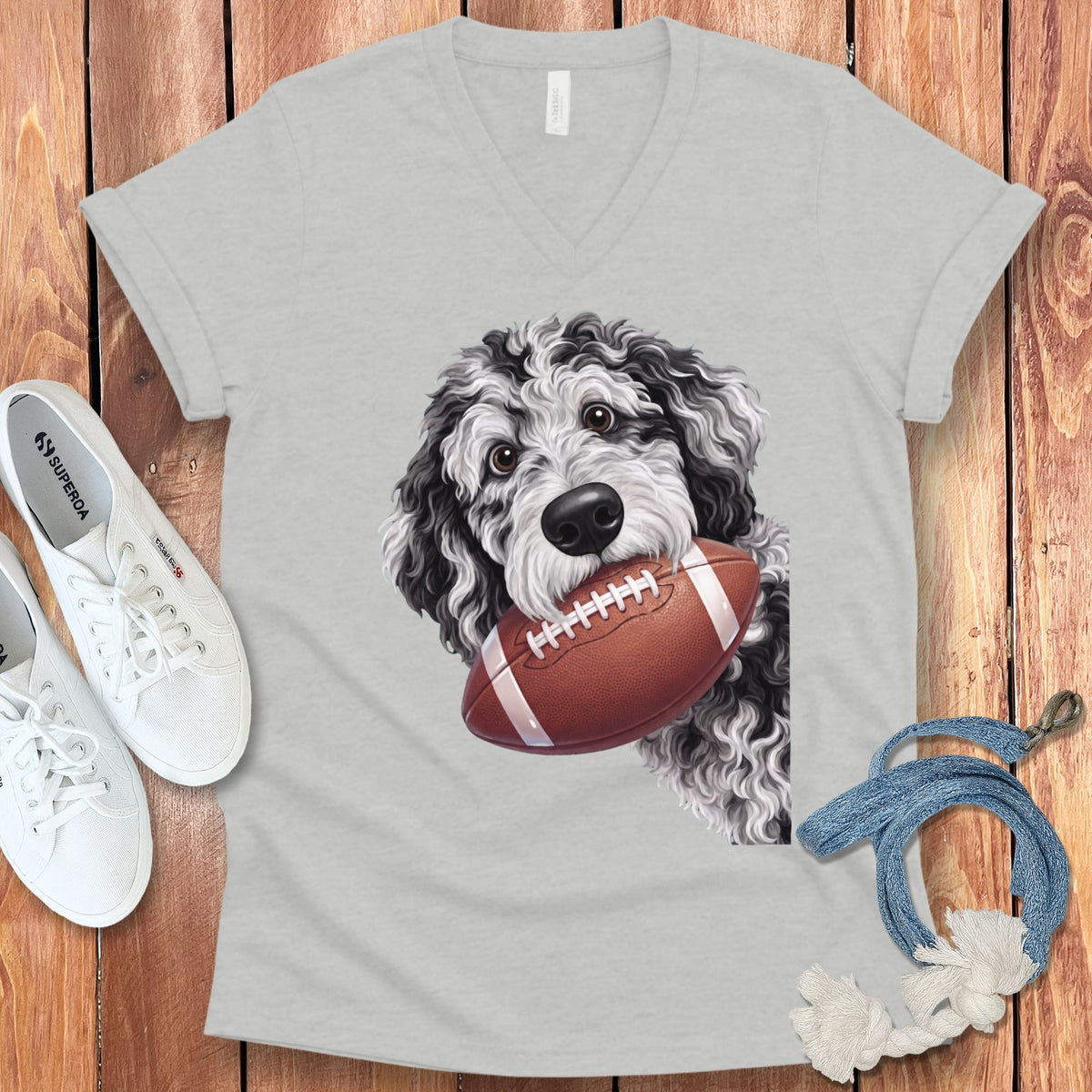 Merle Goldendoodle Football V-Neck T-Shirt in Athletic Heather / S by Puppy Jo