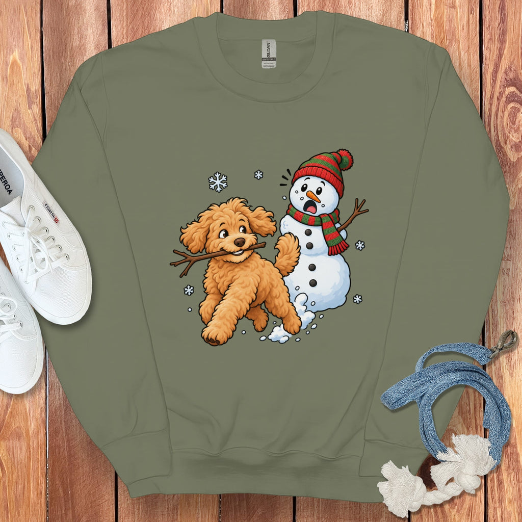 Golden Goldendoodle Snowman Sweatshirt in Military Green / S by Puppy Jo