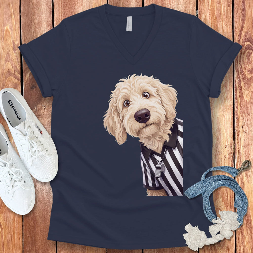 Cream Goldendoodle Football Referee V-Neck T-Shirt in Navy / S by Puppy Jo