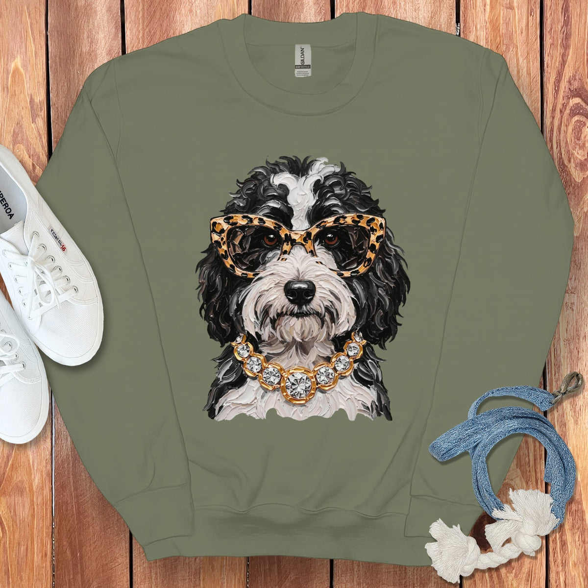 Sheepadoodle Glam Sweatshirt in Military Green / S by Puppy Jo