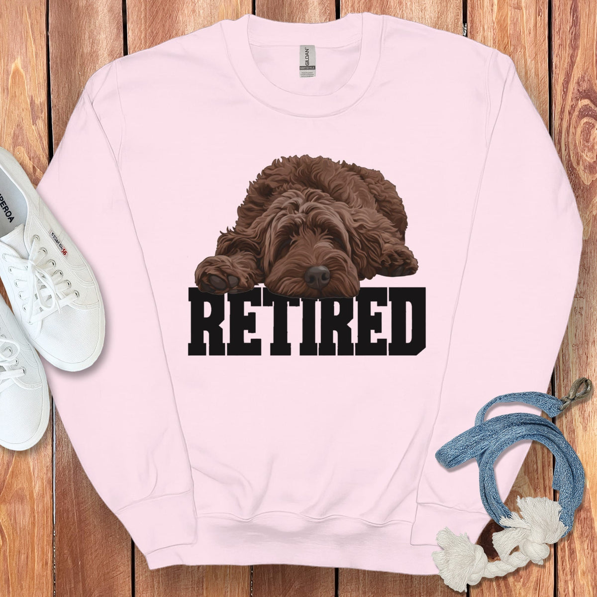 Retired Sleeping Chocolate Goldendoodle Sweatshirt in Light Pink / S by Puppy Jo
