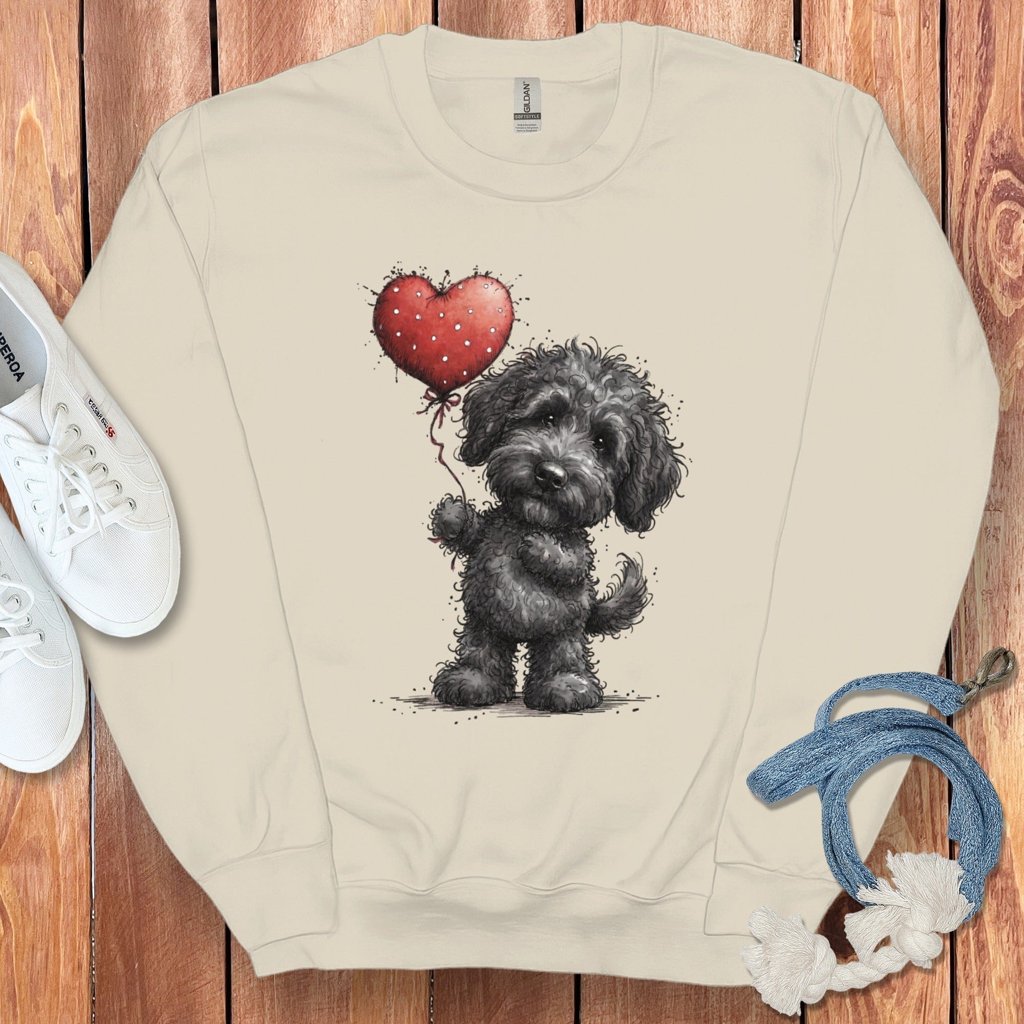 Cute Black Puppy with Red Heart Balloon Sweatshirt