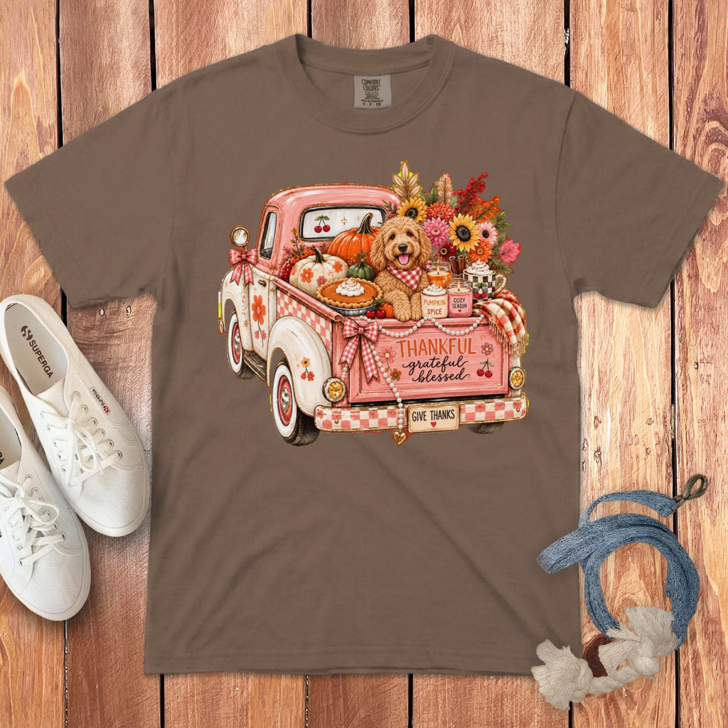 Apricot Goldendoodle Fall Truck Signature T-Shirt in Espresso / S by Puppy Jo
