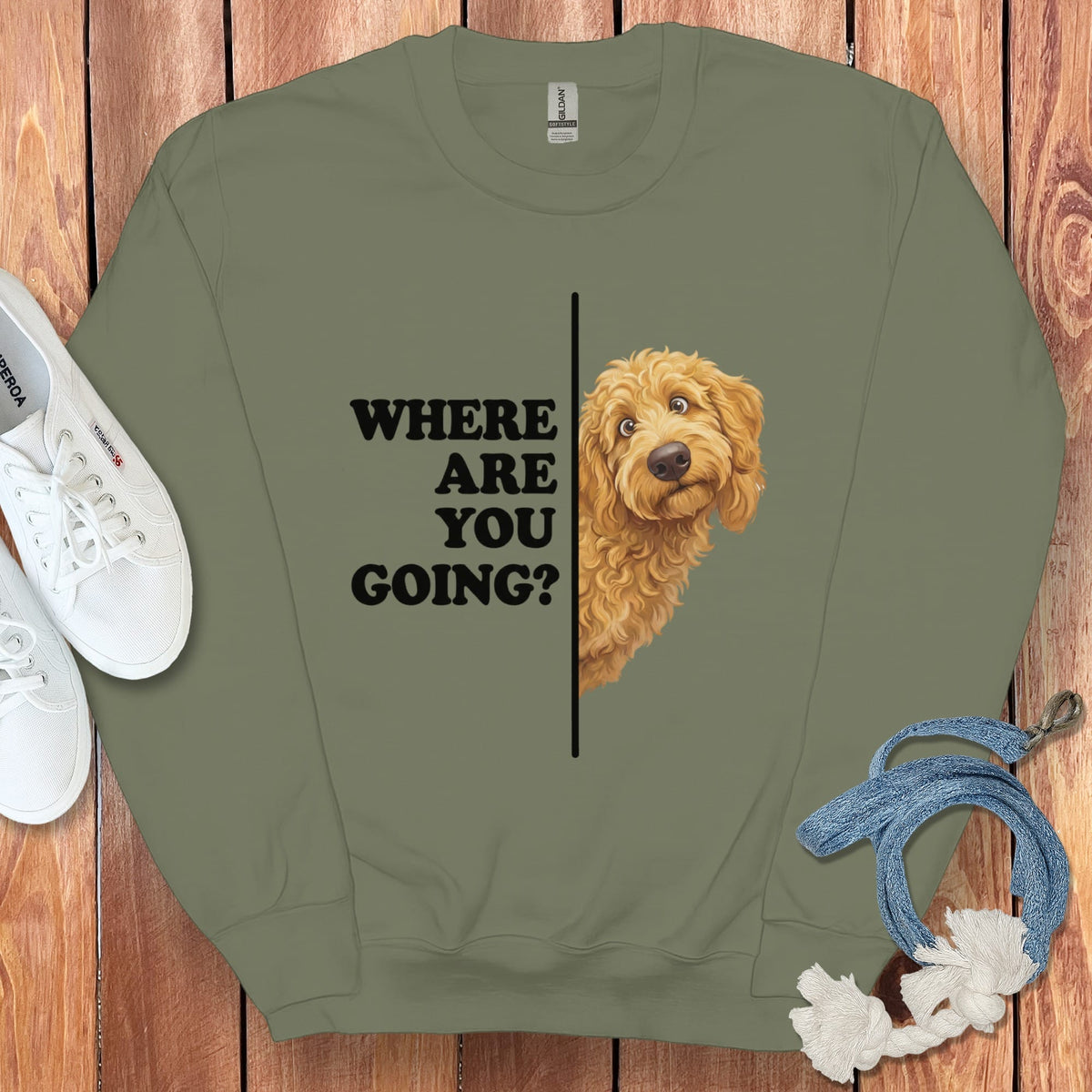 Where Going Apricot Goldendoodle Sweatshirt in Military Green / S by Puppy Jo