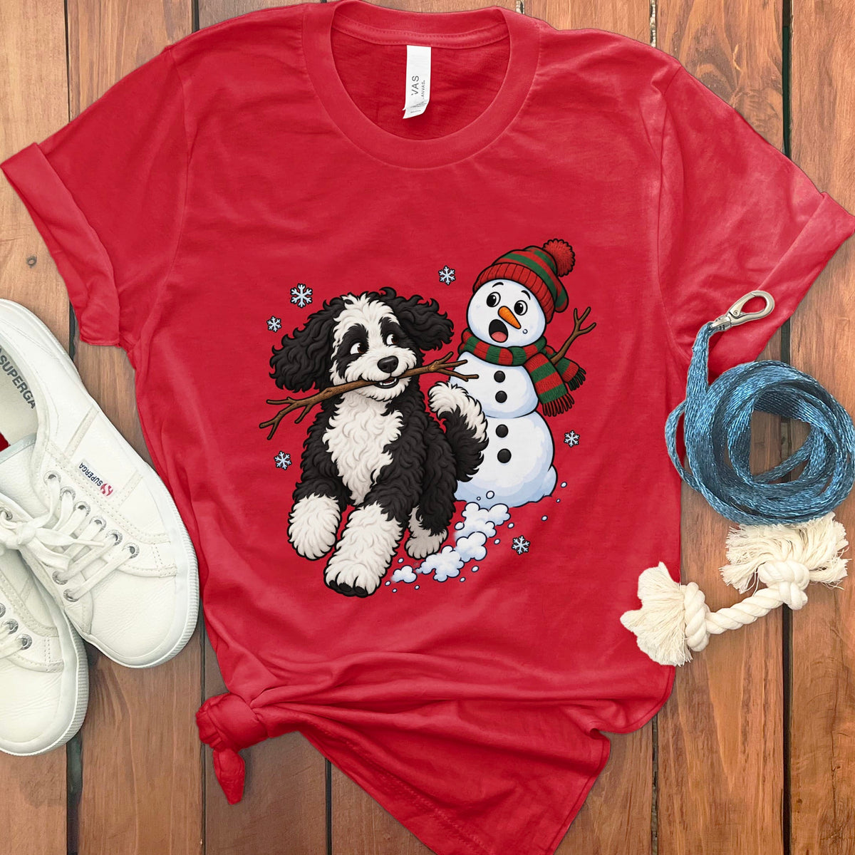 Sheepadoodle Snowman T-Shirt in Red / S by Puppy Jo