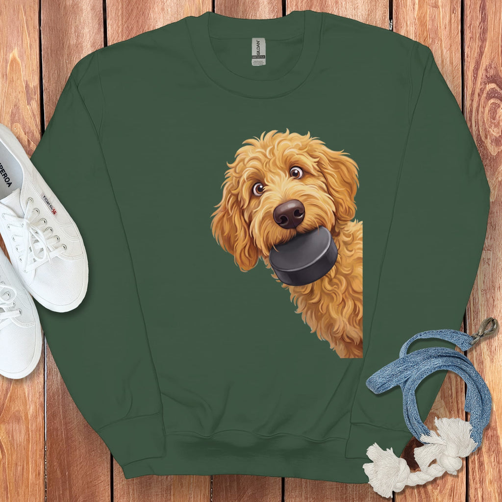 Golden Goldendoodle Hockey Puck Sweatshirt in Forest Green / S by Puppy Jo