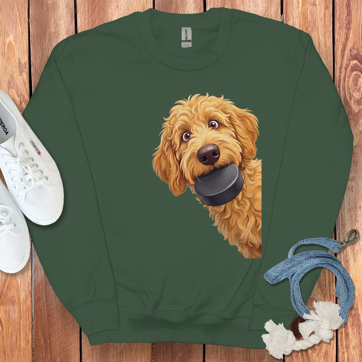 Golden Goldendoodle Hockey Puck Sweatshirt in Forest Green / S by Puppy Jo