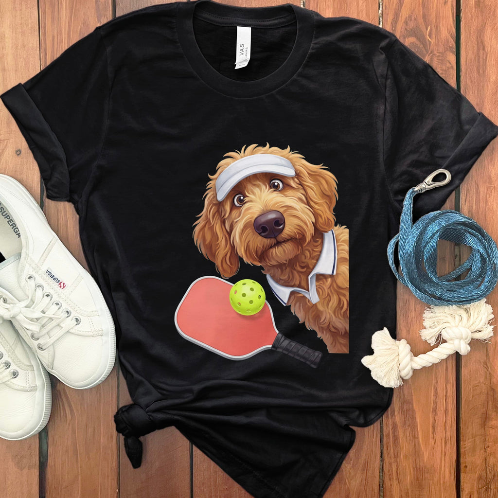 Apricot Goldendoodle Pickleball Player T-Shirt in Black / S by Puppy Jo