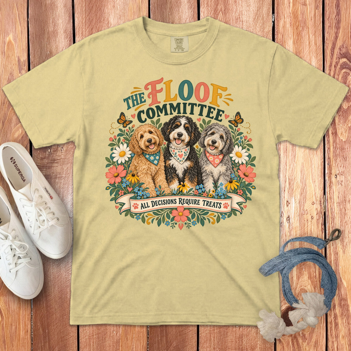 T-shirt with "The Floof Committee" and dogs, saying "All Decisions Require Treats".