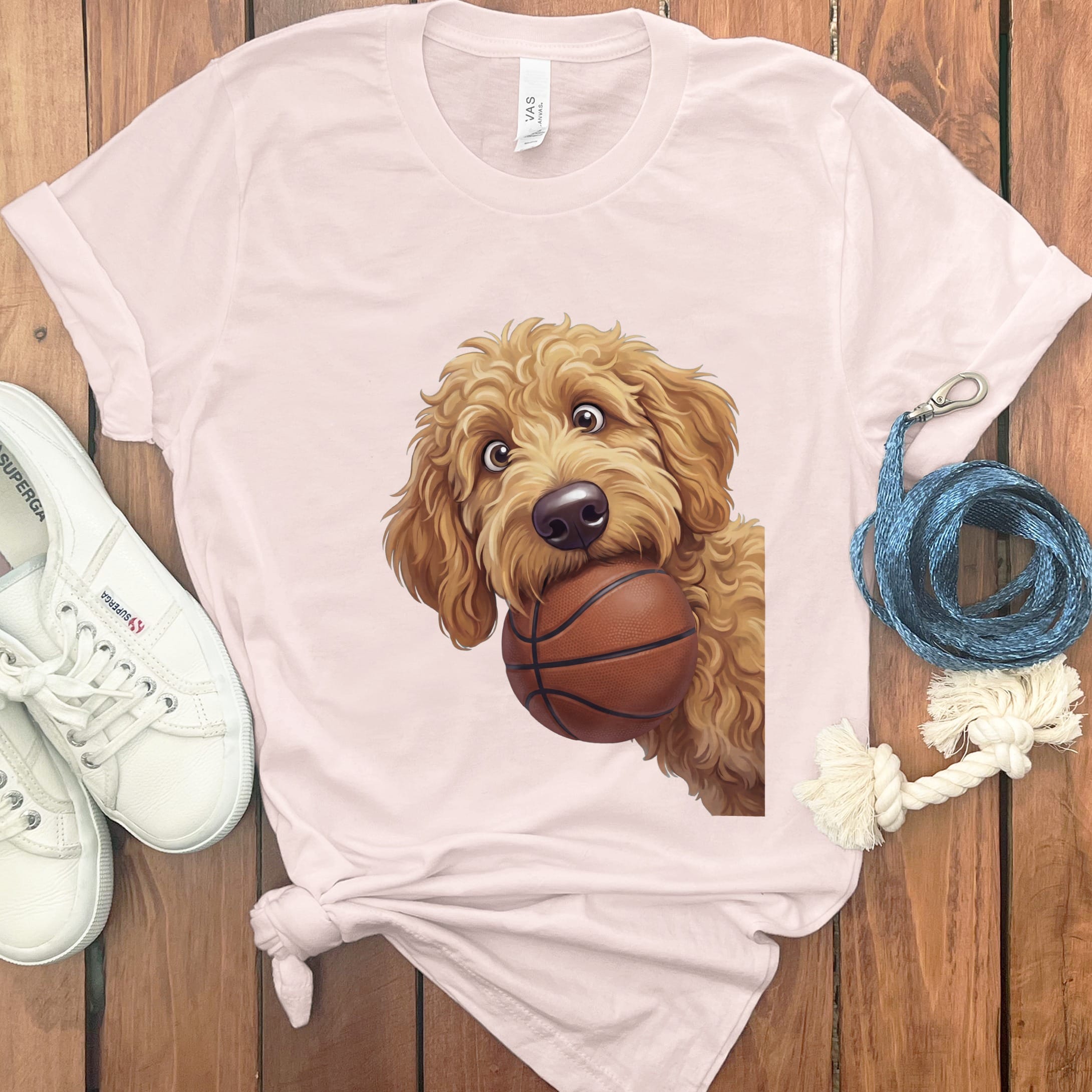Apricot Goldendoodle Basketball T-Shirt in Soft Pink / S by Puppy Jo