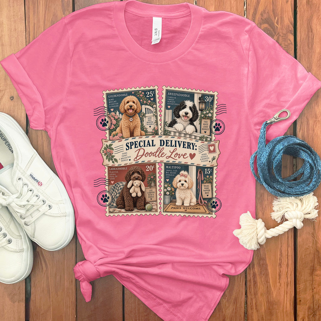 Pink t-shirt with stamp-like designs of different doodle dogs and text "Special Delivery: Doodle Love".