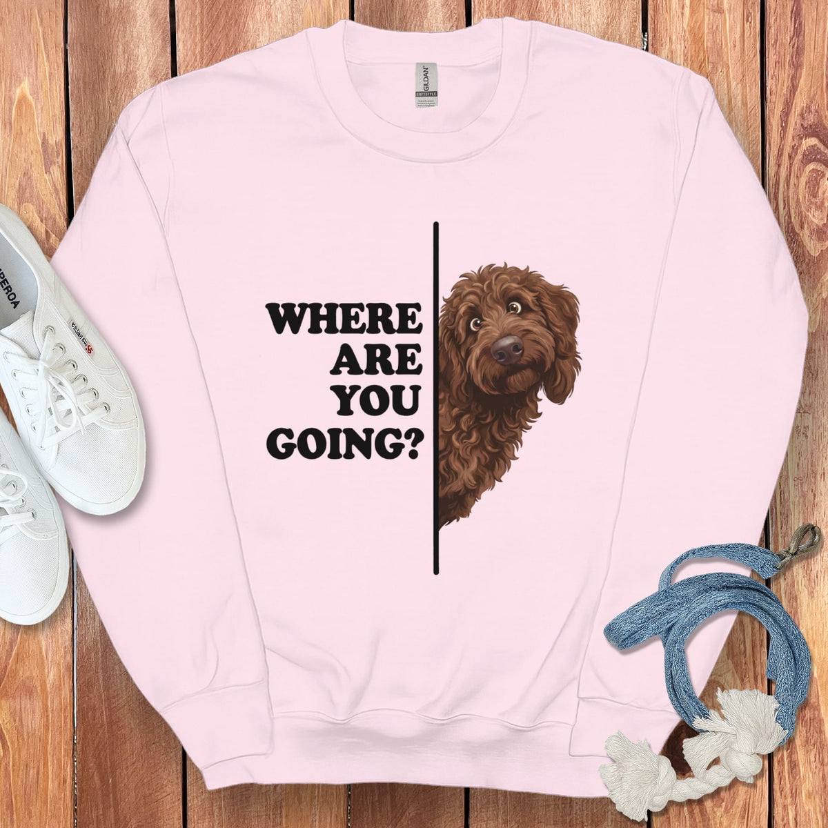 Where Going Chocolate Goldendoodle Sweatshirt in Light Pink / S by Puppy Jo