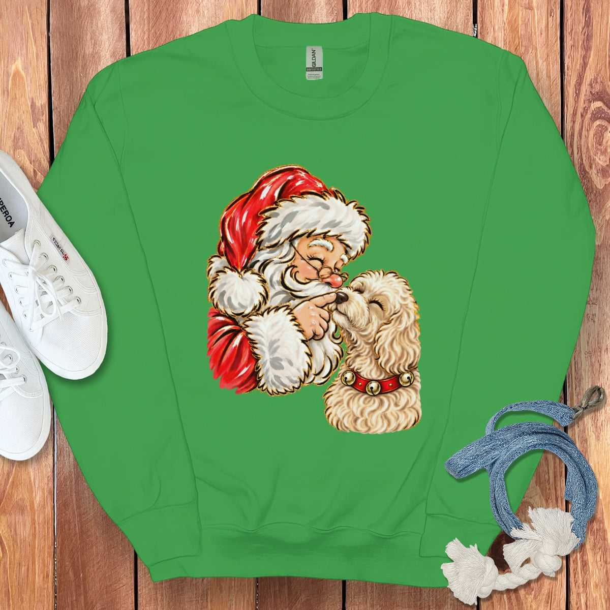 Maltipoo Santa Kiss Sweatshirt in Irish Green / S by Puppy Jo