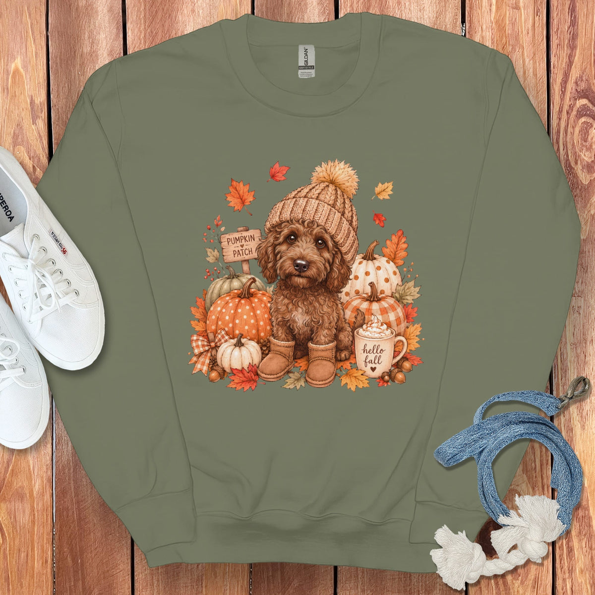 Chocolate Goldendoodle Pumpkin Patch Sweatshirt in Military Green / S by Puppy Jo