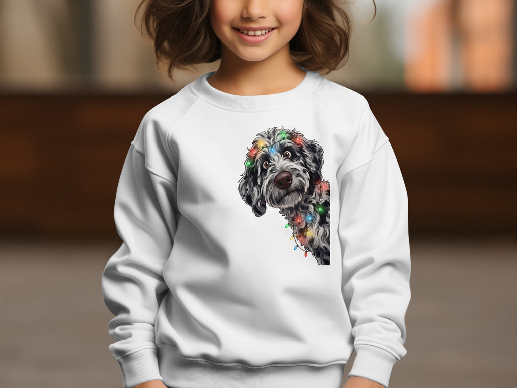 White sweatshirt with a black and white dog wearing colorful Christmas lights graphic.