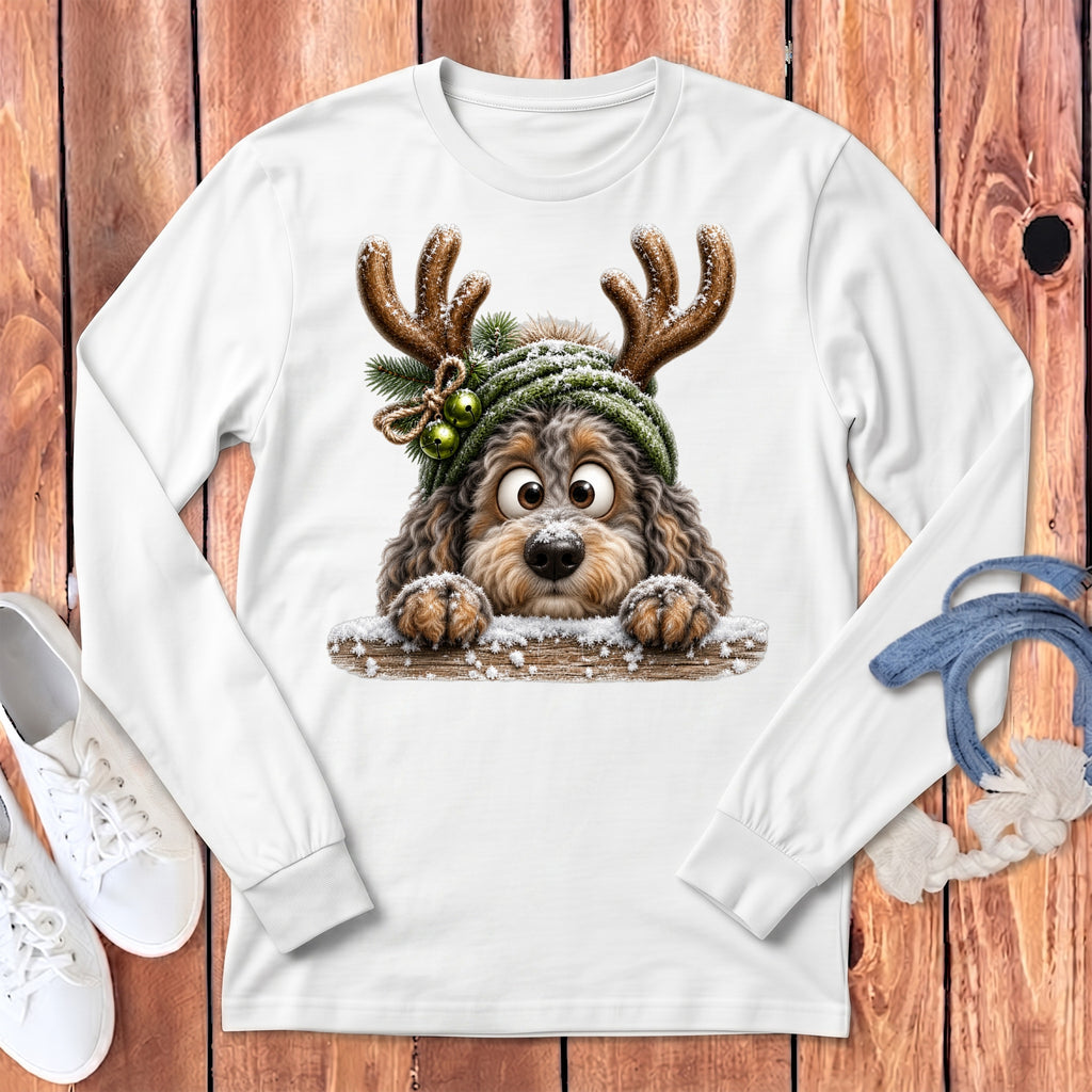 White long-sleeve shirt with a cartoon dog wearing reindeer antlers.