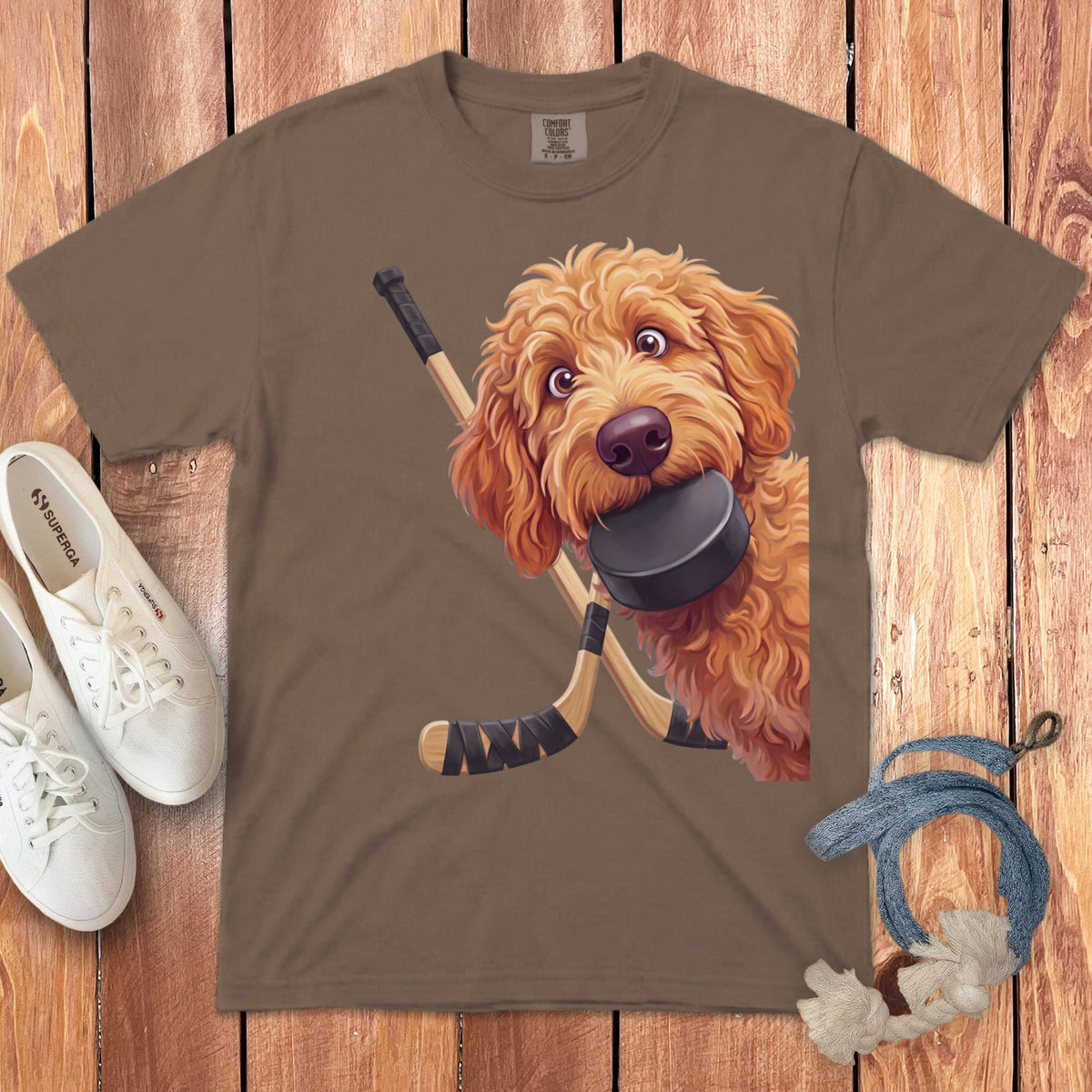 Apricot Goldendoodle Hockey Signature T-Shirt in Espresso / S by Puppy Jo