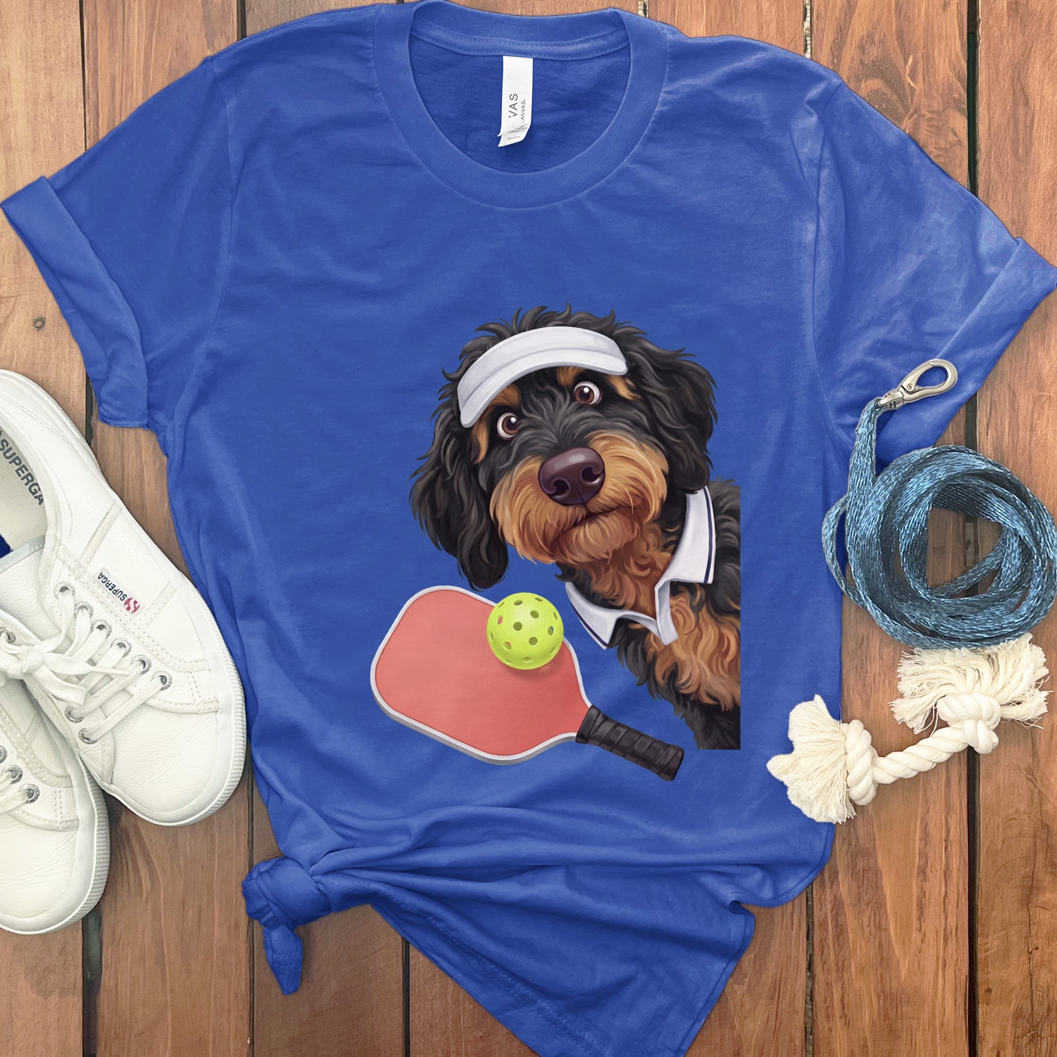 Phantom Goldendoodle Pickleball Player T-Shirt in True Royal / S by Puppy Jo