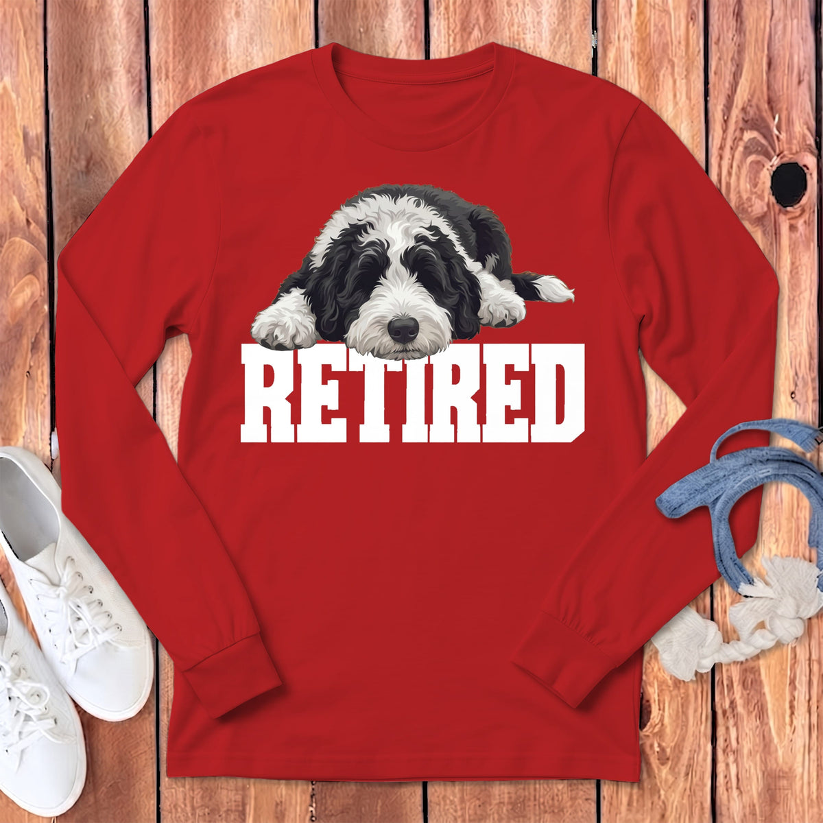 Retired Sleeping Sheepadoodle Long Sleeve T-Shirt in Red / S by Puppy Jo
