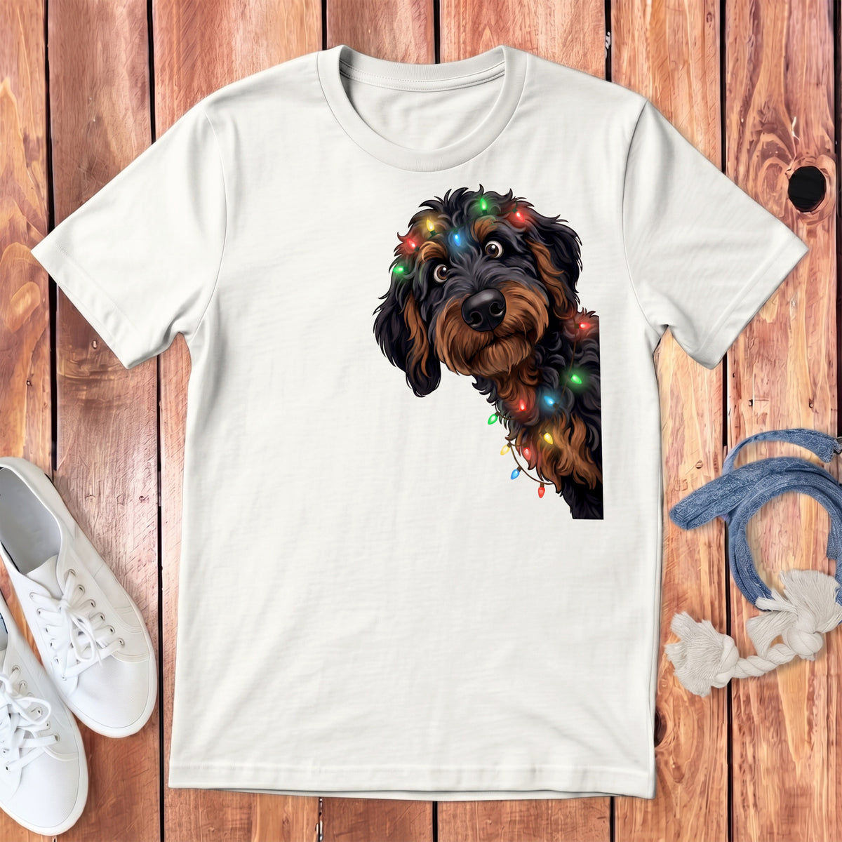 White t-shirt with a curious dog entangled in colorful Christmas lights.