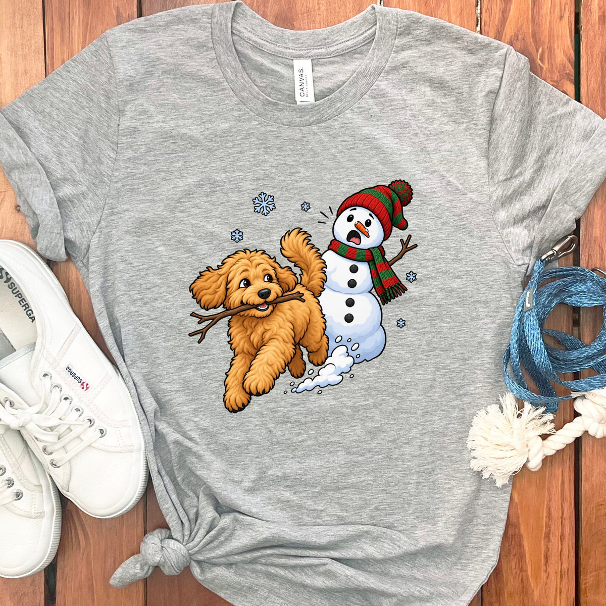 Apricot Goldendoodle Snowman T-Shirt in Athletic Heather / S by Puppy Jo
