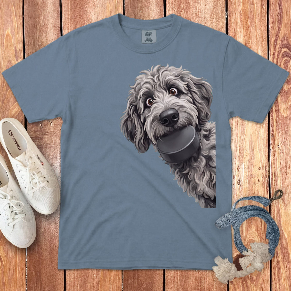 Merle Goldendoodle Hockey Puck Signature T-Shirt in Blue Jean / S by Puppy Jo