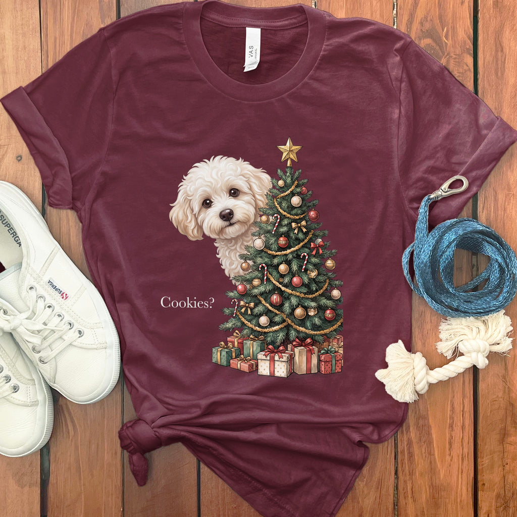 Maroon t-shirt with a white dog and decorated Christmas tree with gifts.