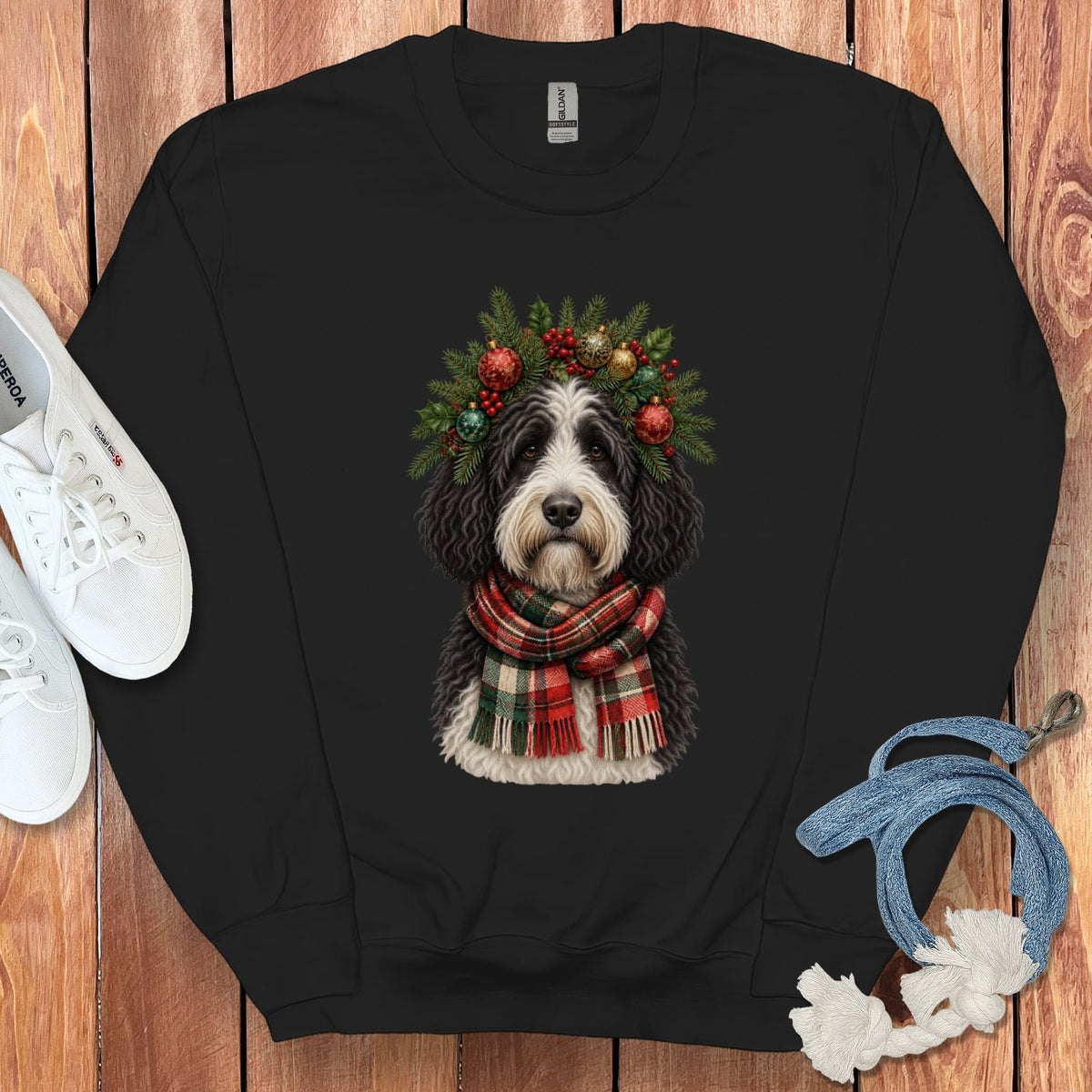 Sheepadoodle Holiday Crown Sweatshirt in Black / S by Puppy Jo
