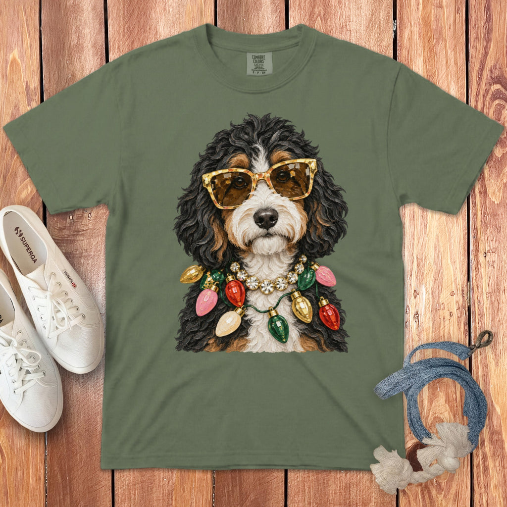 Olive green t-shirt with a Bernese Mountain Dog wearing sunglasses and Christmas lights.
