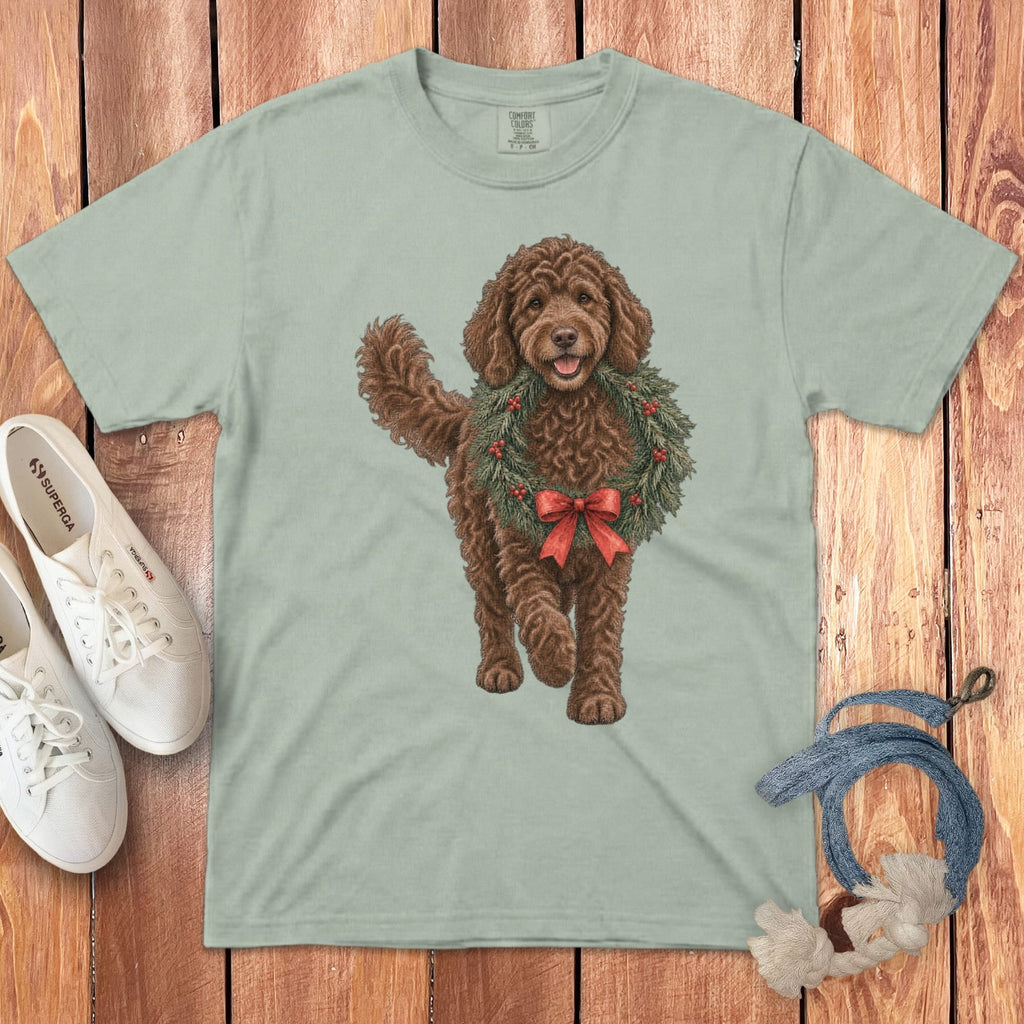 Chocolate Goldendoodle Wreath Signature T-Shirt in Bay / S by Puppy Jo
