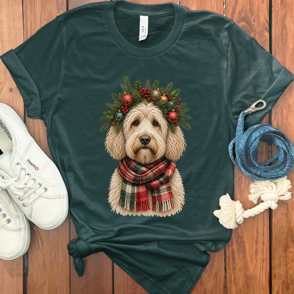 Cream Goldendoodle Holiday Crown T-Shirt in Forest / S by Puppy Jo