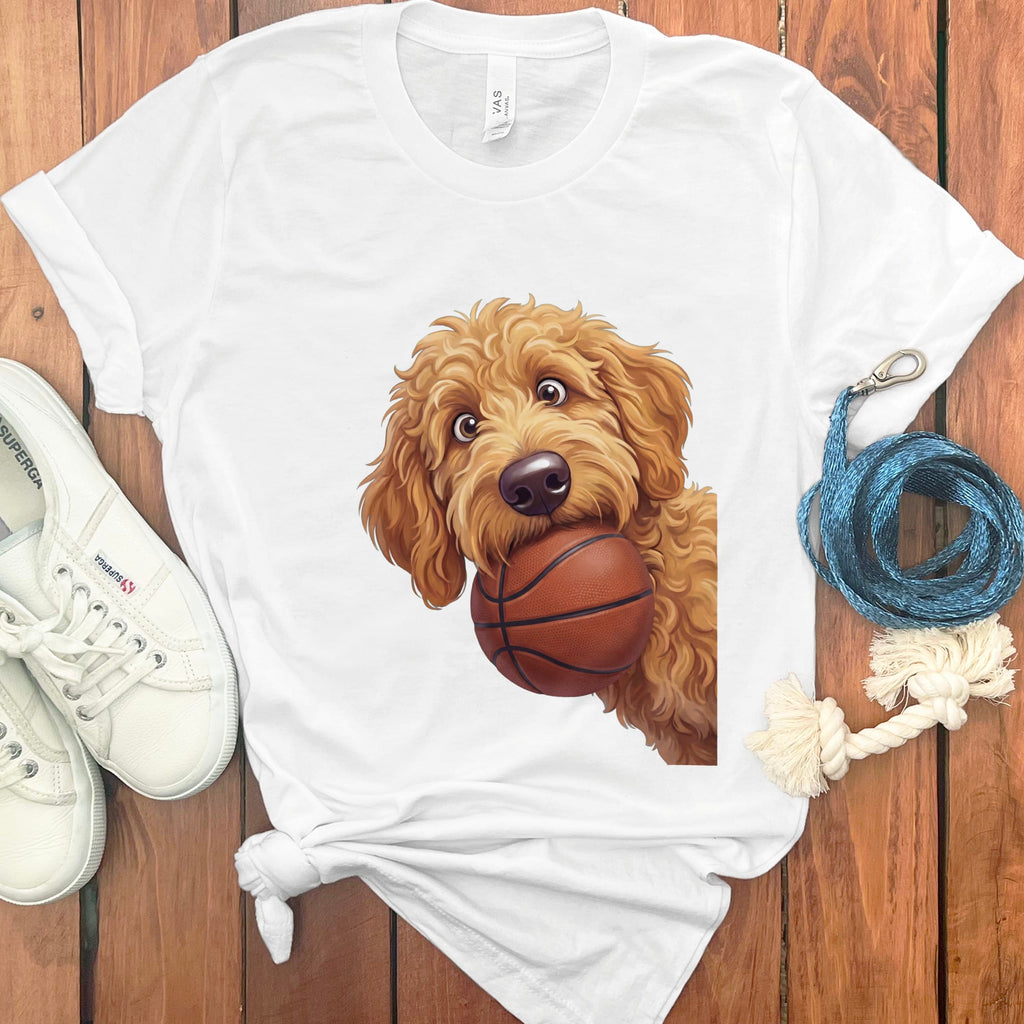 Apricot Goldendoodle Basketball T-Shirt in White / S by Puppy Jo